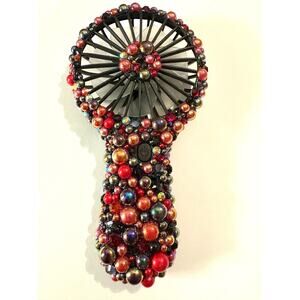Red & Black Pearl Bedazzled Handheld Fan: Glam Bling Rhinestone Fan